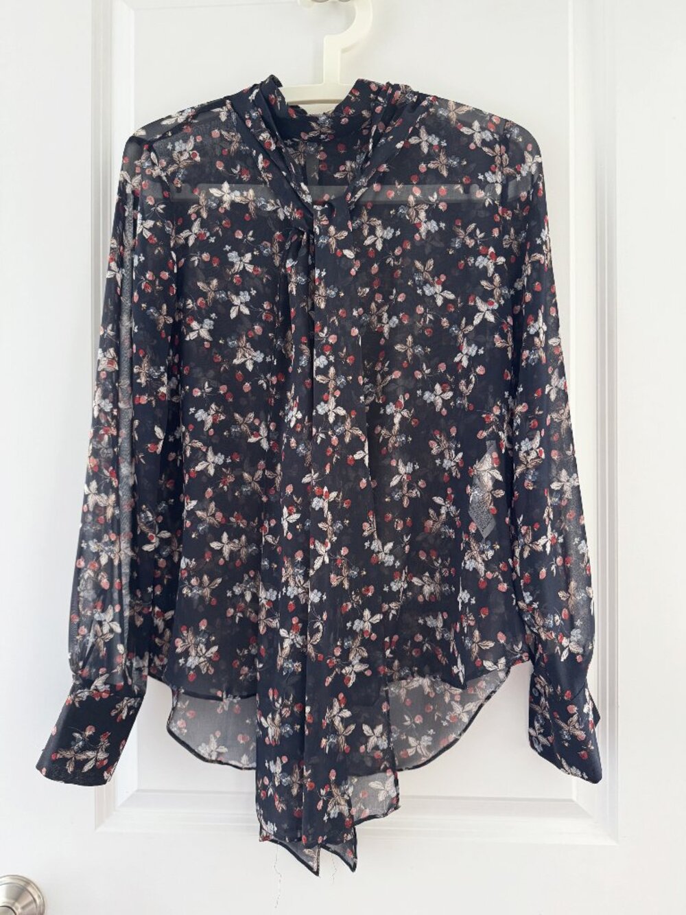ZARA Floral Tie Neck Sheer Blouse – Navy Multi – Size S – NWOT